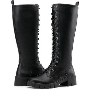 Women's Black Pu 953 Chunky Platform Heel Lace Gothic Knee High Combat Boots